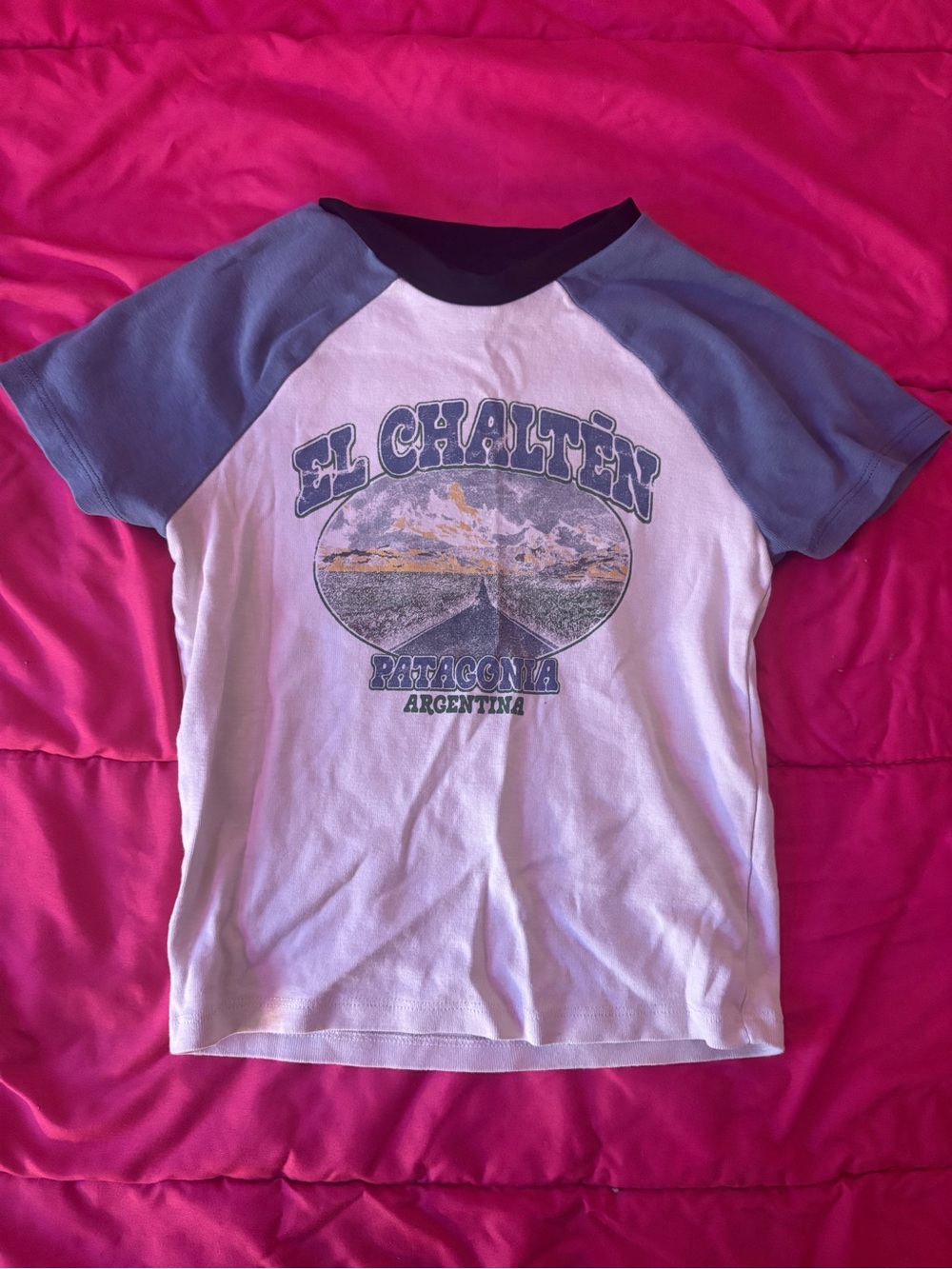Patagonia White Tee with Blue Raglan Sleeves and El Chaltén Graphic